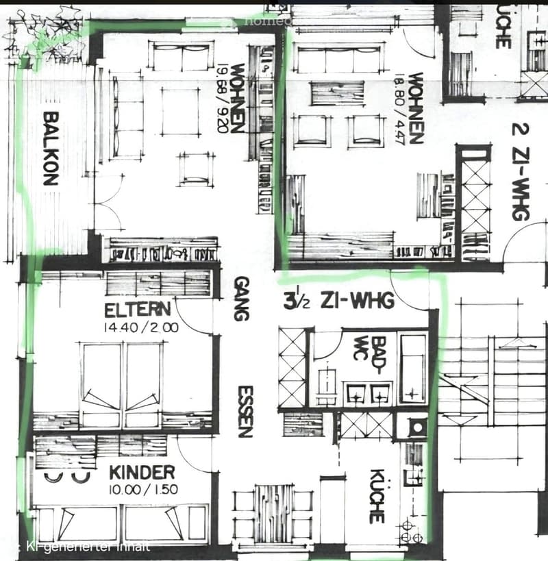Floor plan of a 2.5-room apartment with labeled rooms including living area, kitchen, bathroom, bedroom, and balcony.