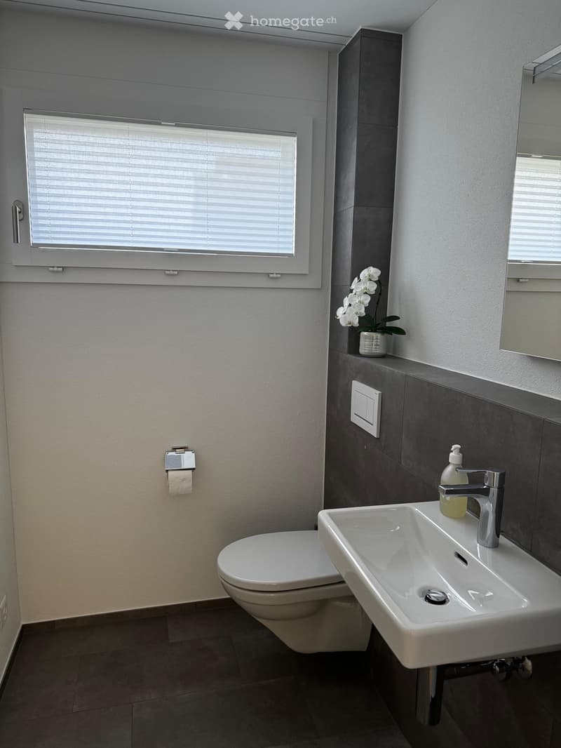 modern white bathroom with white toilet, white sink, grey tiles, white flowers in a vase