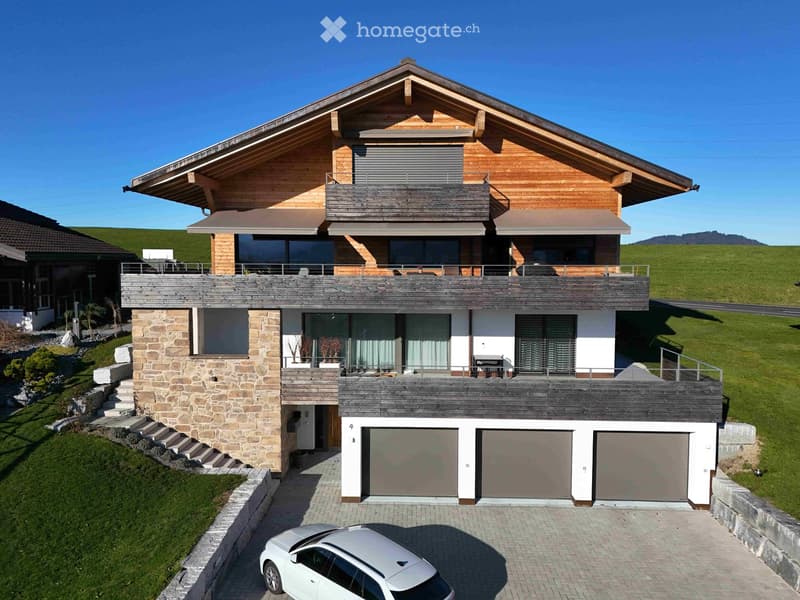 Detached house, wooden facade, 3 garages, 3 balconies, large front yard, landscaped garden, elevated entrance, flat roof, 3 story