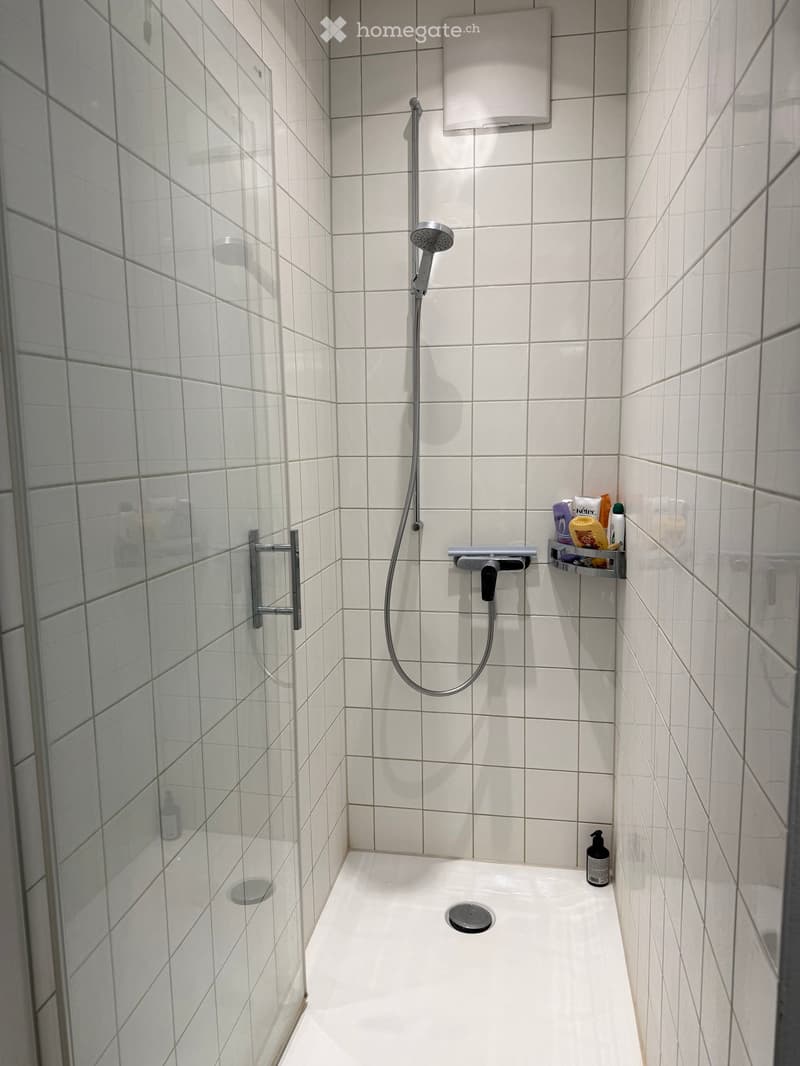 Modern shower area with white tiled walls, a glass enclosure, a handheld showerhead, and a small shelf holding toiletries.