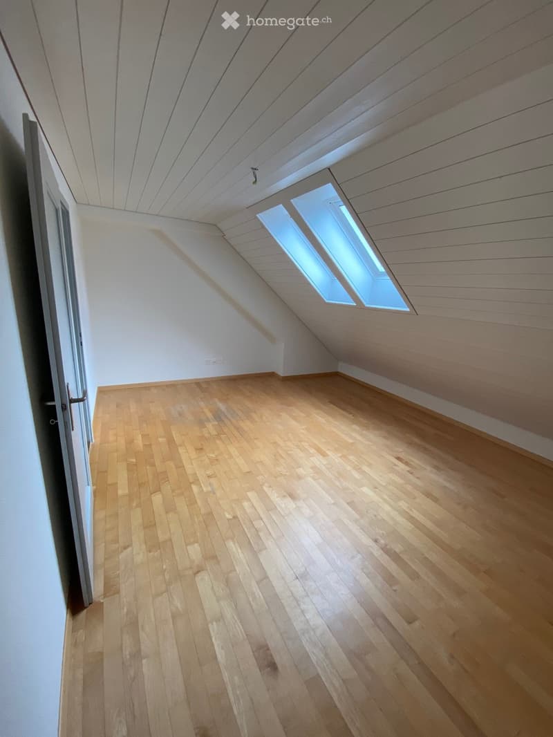 Empty attic room with wooden flooring, white walls, and skylight windows.