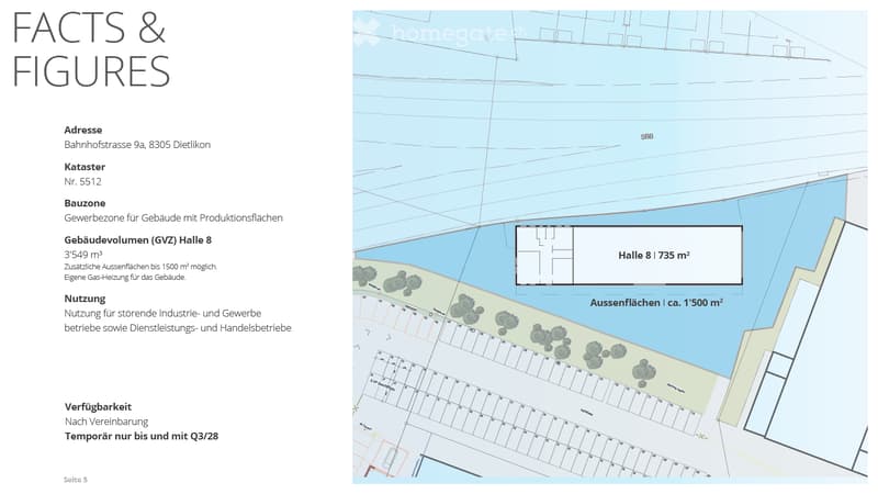 Floor plan of a commercial building with production spaces, showing layout of Hall 8 (735 m²) and outdoor areas (ca. 1500 m²).