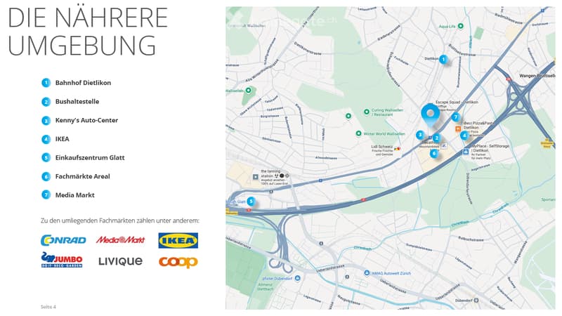 Map showing nearby surroundings with labeled points of interest such as train station, bus stop, auto center, IKEA, shopping center, and media market.