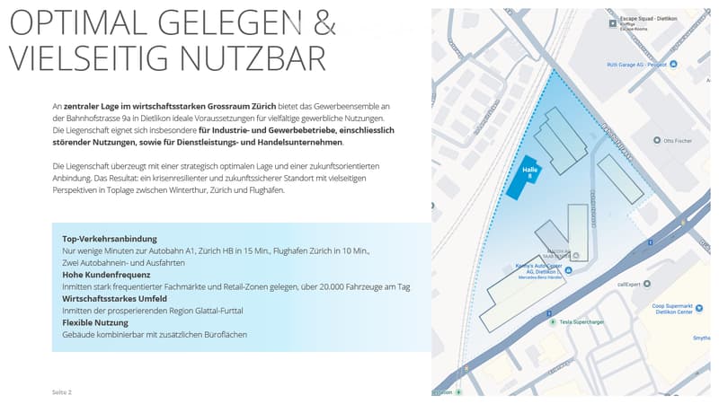 Map showing a commercial property location in Dietlikon, Zurich, with highlighted area and nearby landmarks.