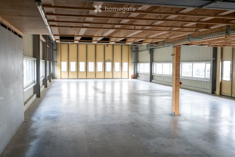 Empty industrial-style space with concrete floor, exposed wooden beams, large windows, and multiple doors.