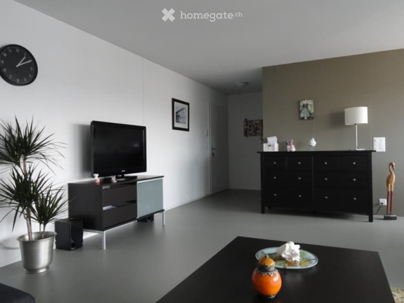 Modern living room with a sleek black TV stand, a coffee table with decorative items, a potted plant, a black cabinet with a lamp, and a wall-mounted clock.