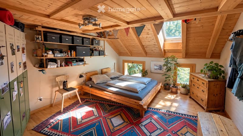 Cozy, wooden-furnished room with a bed, chair, shelves, potted plants, and a colorful rug.