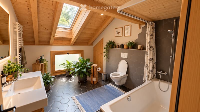 Modern bathroom with wooden ceiling, hexagonal tiles, large window, sink, toilet, bathtub, shower, and decorative plants.