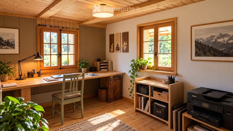 Cozy, well-lit study or home office with wooden furniture, large windows, and a warm, inviting atmosphere.