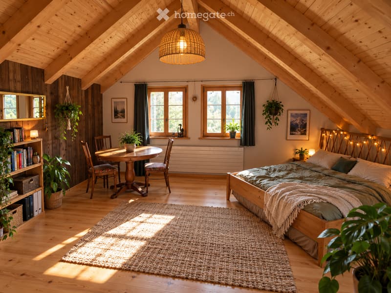 Cozy attic bedroom with wooden beams, slanted ceilings, and large windows. Features a wooden bed, round wooden table with chairs, bookshelf, and hanging plants.