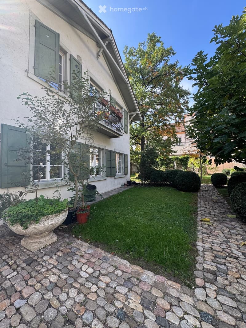 Garden area with a stone-paved pathway, green lawn, potted plants, and a small tree near the house.