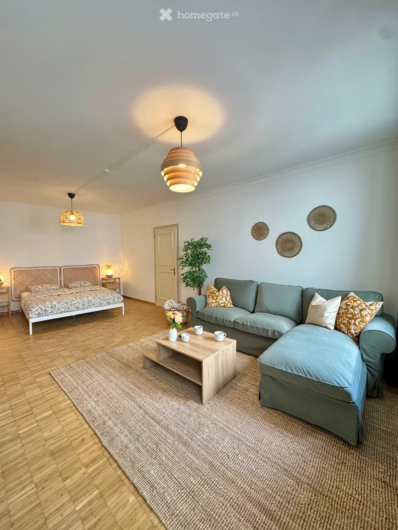 A modern, open-concept living and sleeping area with a light blue sofa, wooden coffee table, bed with patterned bedding, nightstand, and decorative wall pieces.