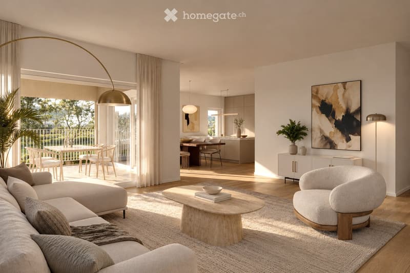 Modern living room with a curved sofa, coffee table, and a dining area visible in the background. Features large windows with curtains, a pendant light, and a painting on the wall.
