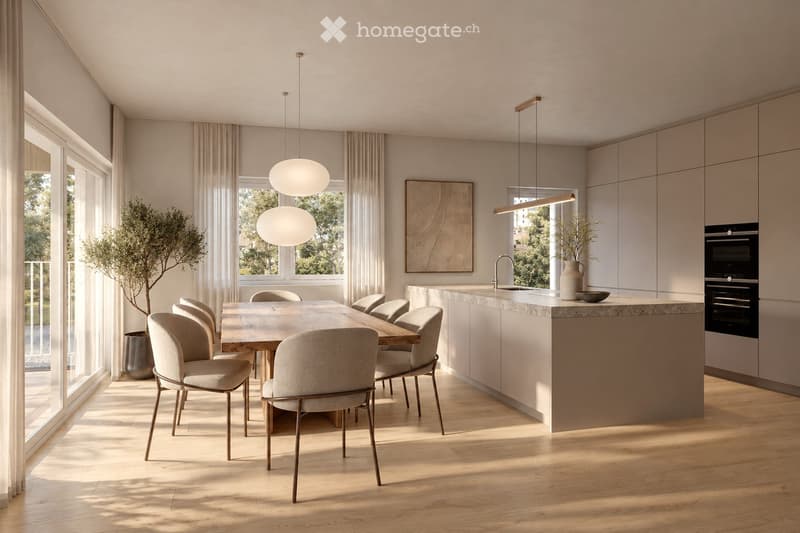 Modern kitchen with a wooden dining table and chairs, a kitchen island with a sink and oven, pendant lights, and a vase on the counter.