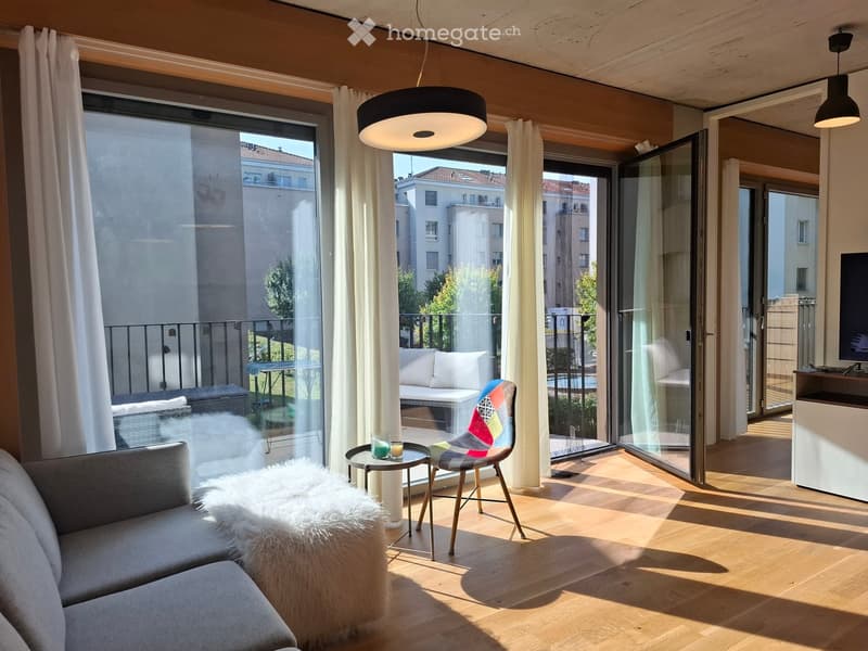 Modern living room with wooden flooring, large windows, and a balcony. Features a grey sofa, colorful chair, small round table, and decorative fur rug.