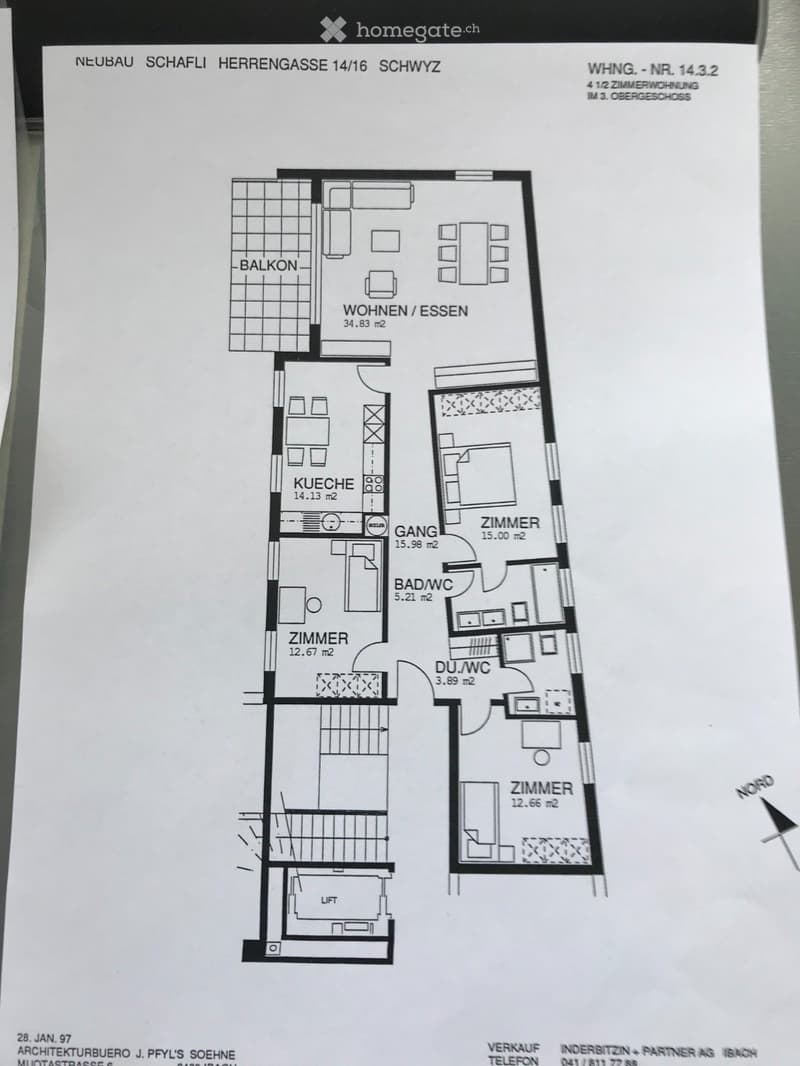 Floor plan of a 4.5-room apartment on the 3rd upper floor, featuring a living/dining area, kitchen, three bedrooms, two bathrooms, and a balcony.