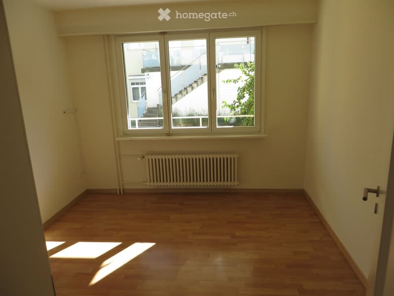 Empty room with wooden flooring, light-colored walls, and a radiator below a large window with a view of a staircase and greenery.