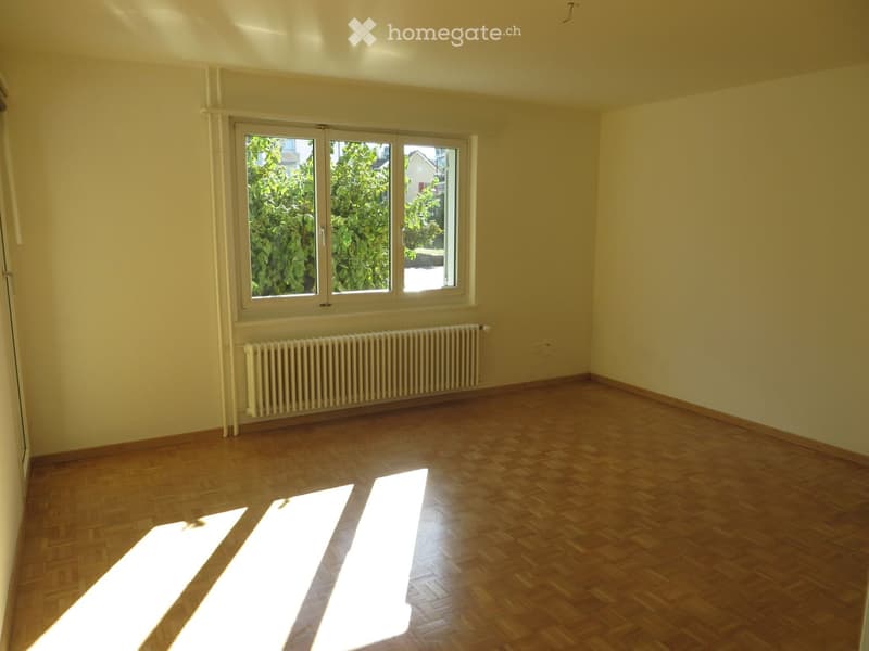 Empty room with wooden flooring, light yellow walls, and a large window with white frames allowing natural light to enter. A radiator is visible below the window.