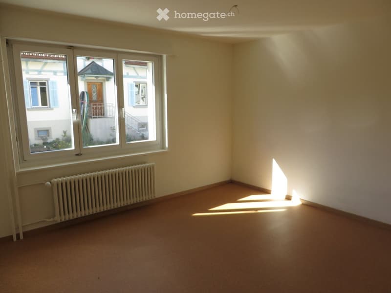 Empty room with beige walls, wooden flooring, large windows, and a radiator under the windows.
