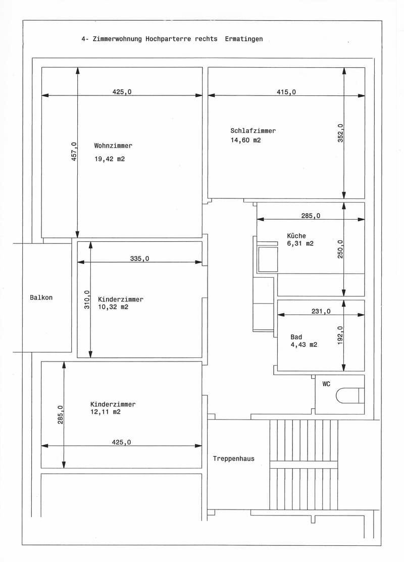 Floor plan of a 4-room apartment on the upper terrace right, including living room, bedroom, kitchen, bathroom, two children's rooms, balcony, and staircase.