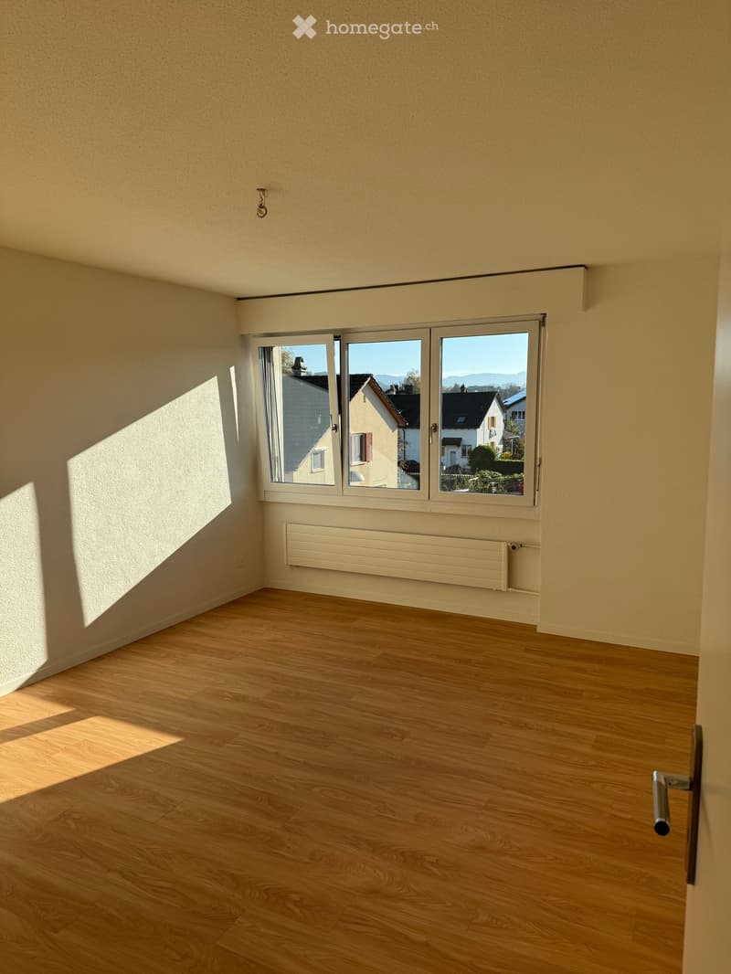 Empty room with light wooden flooring, beige walls, large window with a view of neighboring houses, and a radiator below the window.