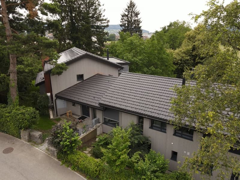 Modern two-story house, gray roof, windows with shutters, surrounded by trees