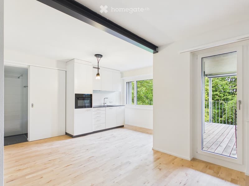 Modern kitchen with white cabinets, wooden flooring, and a large window overlooking greenery. Features a sink, faucet, and built-in oven.