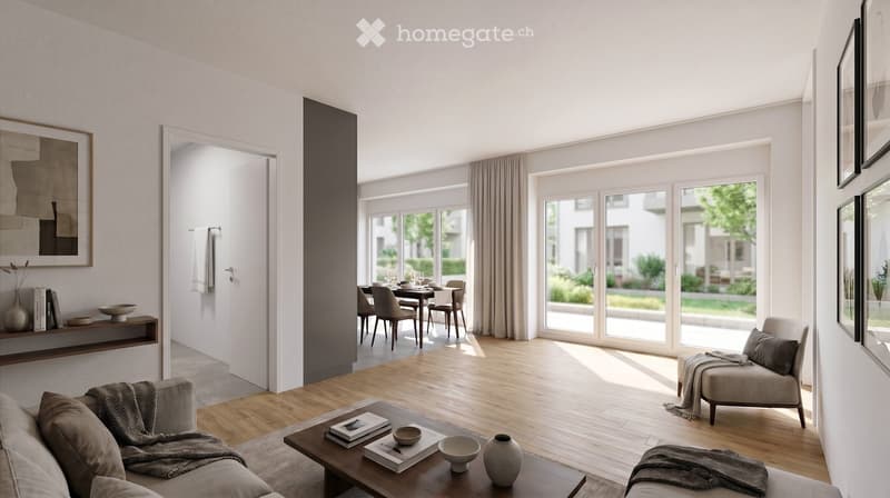 Modern living room with light wooden flooring, large windows, and a connected dining area. Features a sofa, coffee table, armchair, dining table with chairs, and decorative items.