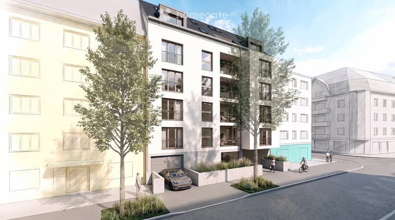 Modern multi-story residential building with balconies, garage, and parking area.