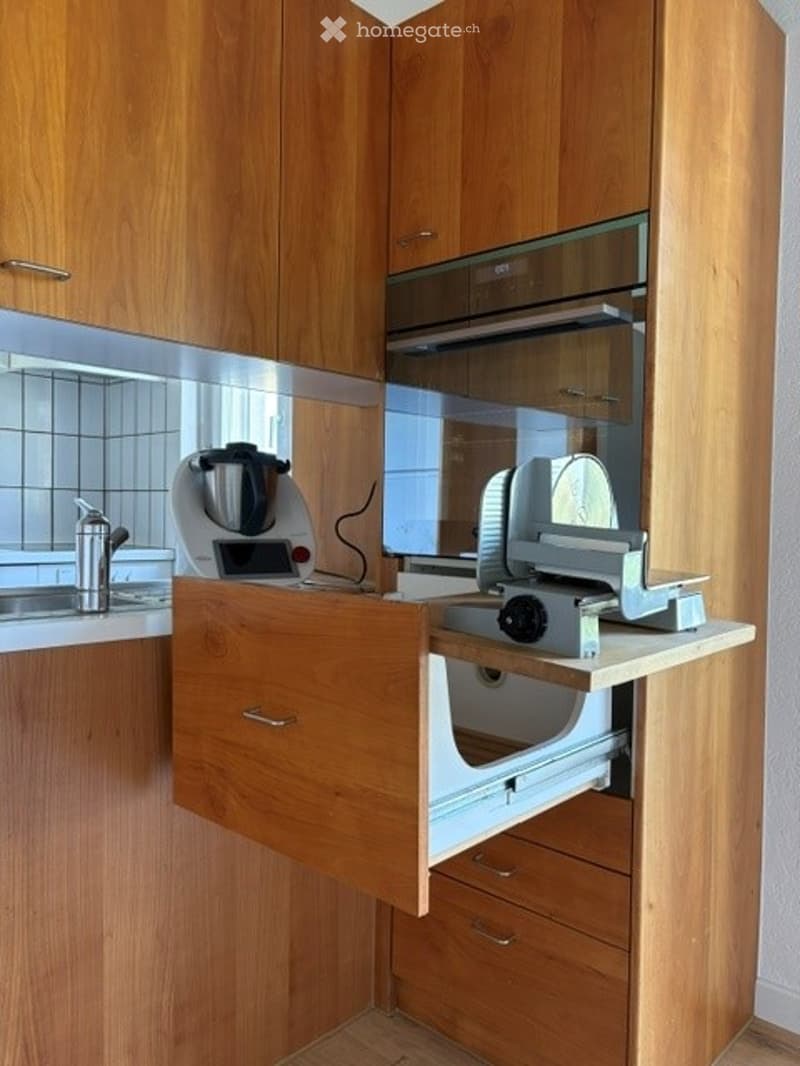 Compact kitchen with wooden cabinets, built-in oven, blender, and cutting machine on a countertop.