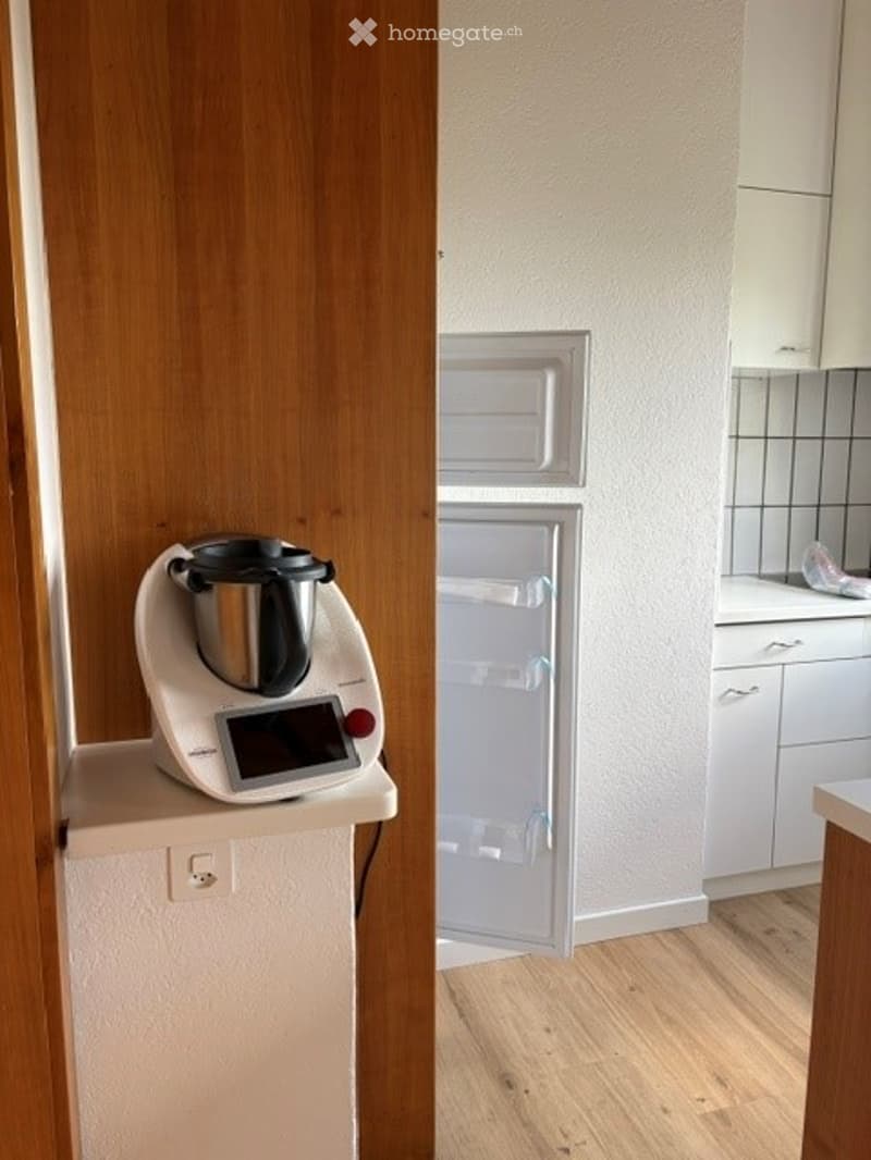 Modern kitchen with white cabinets, a small refrigerator, and a blender on a counter. The floor is wooden, and the walls are light-colored.