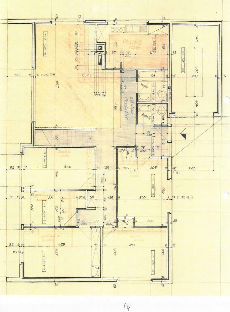 Floor plan of a multi-room residential space with labeled rooms and dimensions, including a living area, kitchen, bedrooms, and bathrooms.