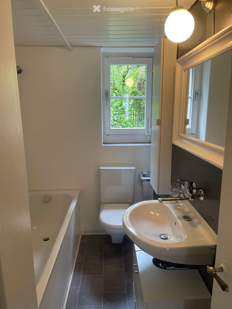 Modern bathroom with a toilet, sink, bathtub, and a window offering a view of greenery outside.