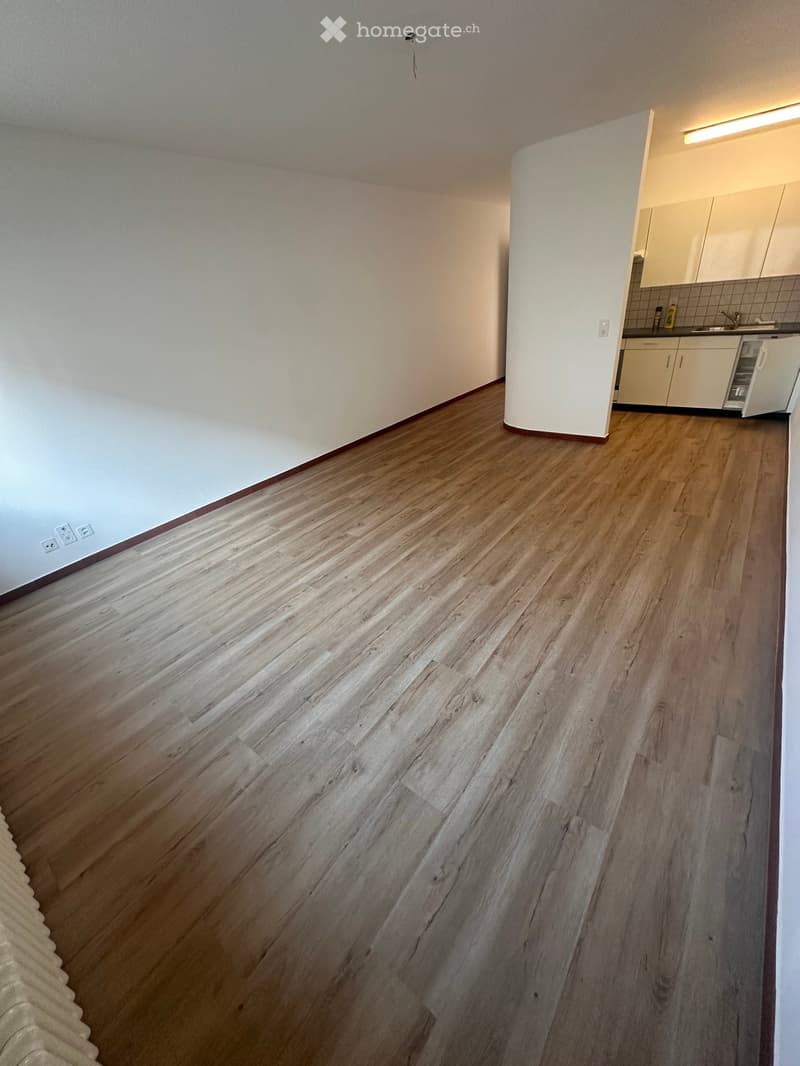 Empty room with light wooden flooring, white walls, and a radiator along the left wall. A small kitchen area is visible in the background with cabinets and a sink.