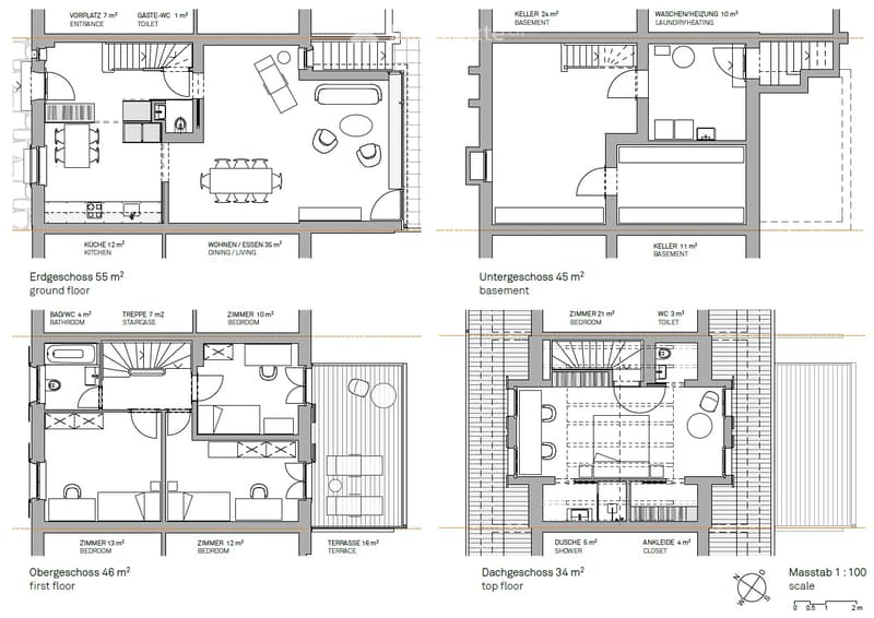 Floor plan of a multi-level house with ground floor, basement, first floor, and top floor. Includes living/dining area, kitchen, bedrooms, bathrooms, staircase, and terrace.