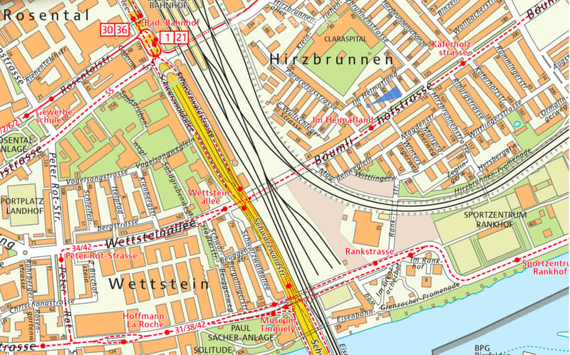 Map of the Rosenthal district in Herzbrunnen, showing streets, landmarks, and numbered areas.