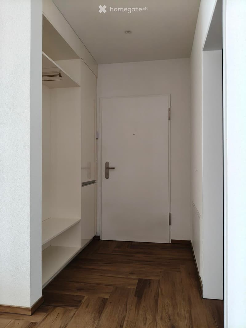 A narrow hallway with wooden flooring, white walls, and a closed door at the end. Shelves are visible on the left side.