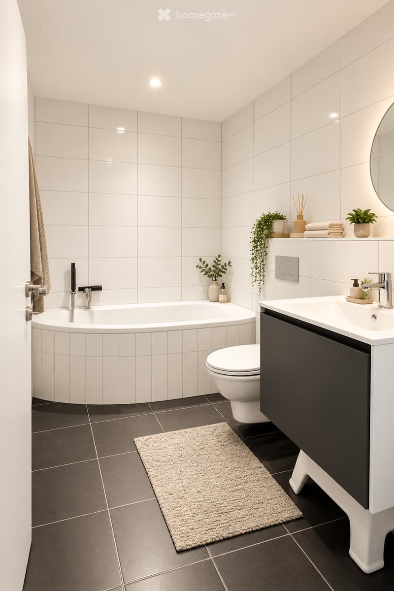 Modern bathroom with white tiles, a bathtub, toilet, sink, and a small shelf with plants and decorative items.
