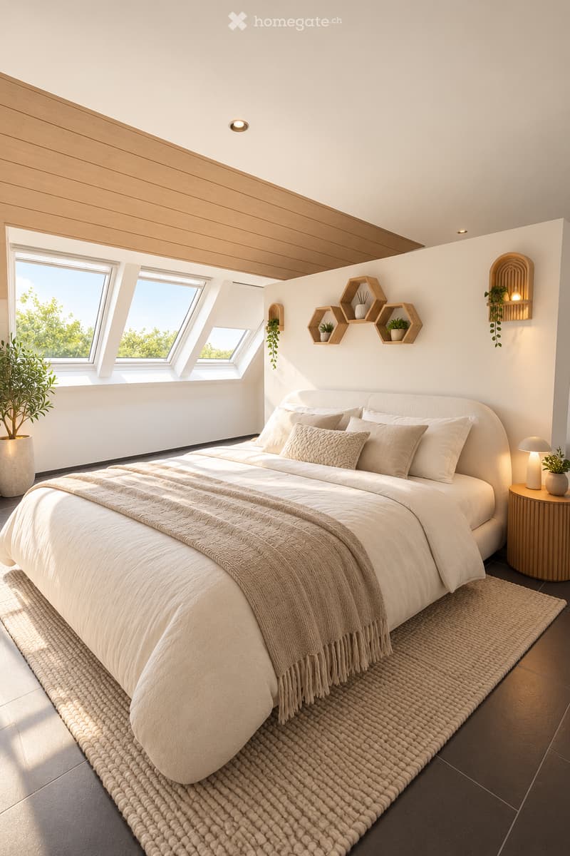 Modern bedroom with a large bed, nightstand, table lamp, woven rug, wall-mounted shelves with small plants, and a potted plant near the window.