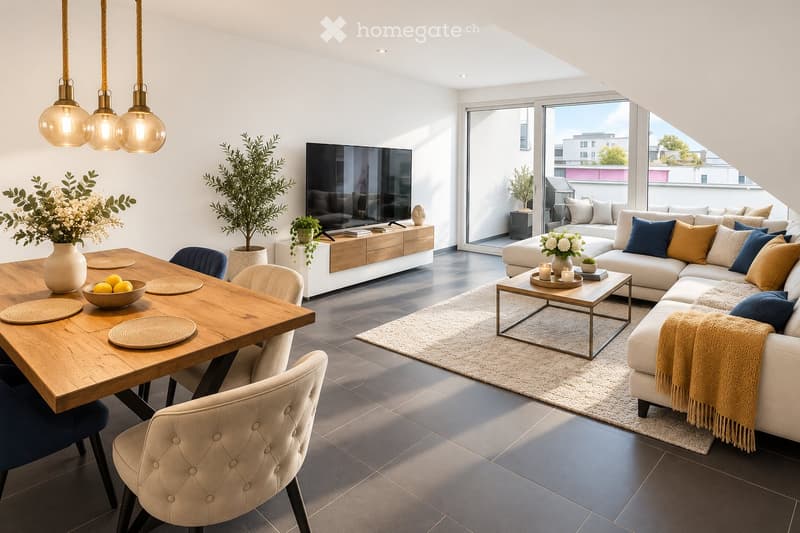 Modern living room with a white sectional sofa, coffee table, dining table, chairs, TV, and decorative plants.