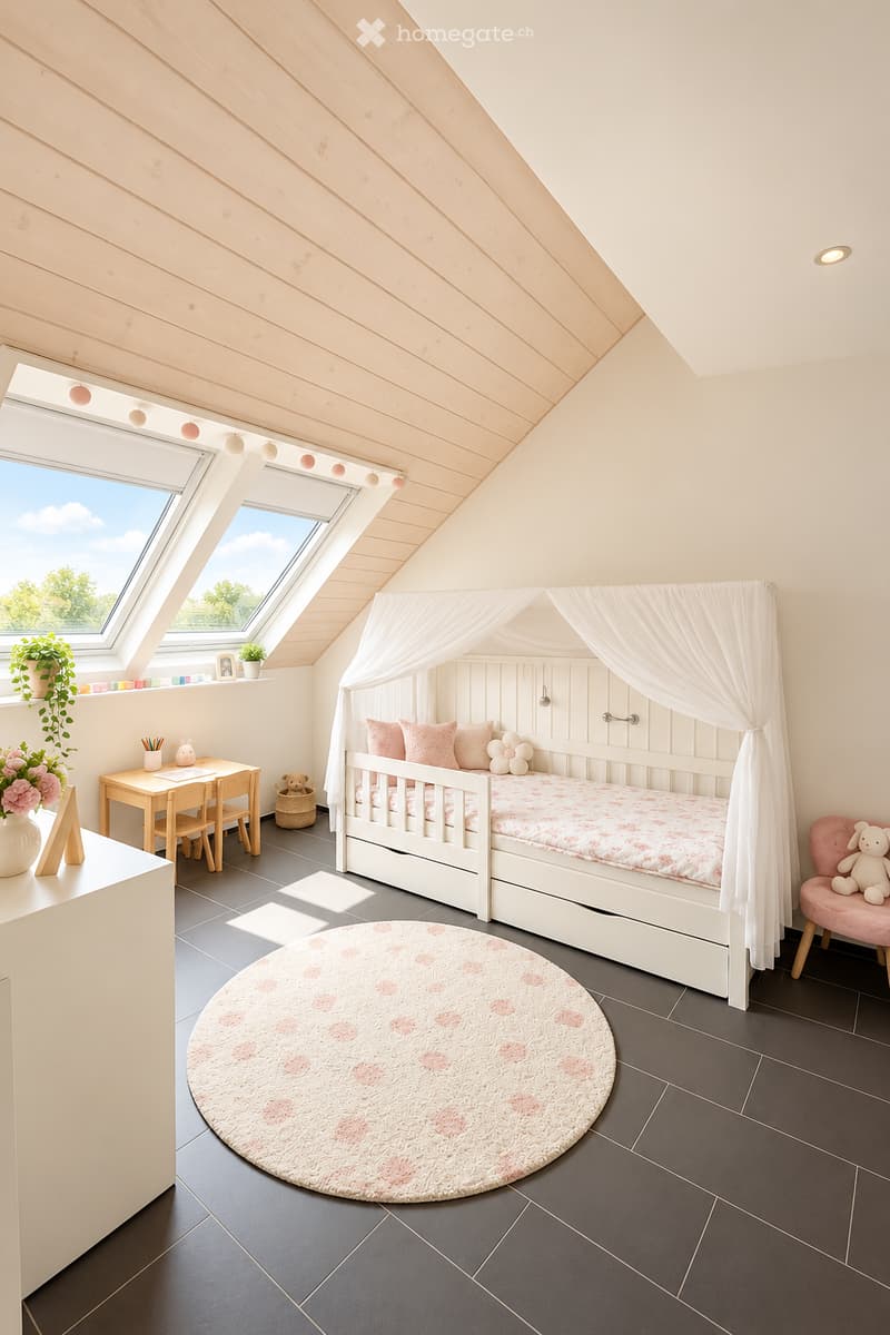 Cozy attic bedroom with a white wooden bed, round pink rug, small wooden table and chairs, and decorative items including a vase with flowers and a pink armchair with a stuffed animal.