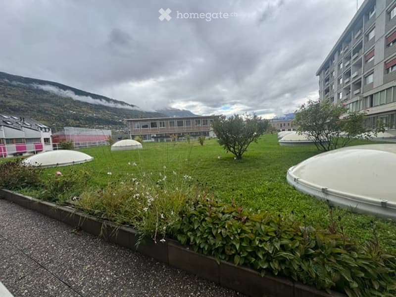 A well-maintained garden area with green grass, small trees, shrubs, and several dome-shaped structures in the background, with a modern building and mountains visible in the distance.