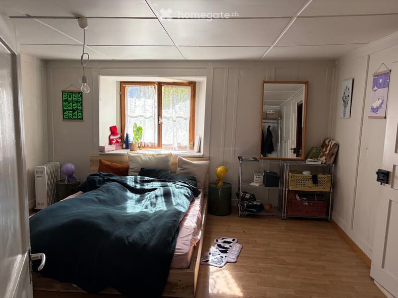 Cozy bedroom with a wooden bed, nightstand, mirror, shelf, and a small rug on the floor. The room features a window with sheer curtains and a radiator near the wall.