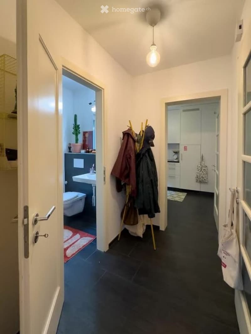 A narrow hallway with dark tiled flooring, white walls, and a hanging light fixture. It connects to a bathroom and a kitchen area, with coats hanging on a rack and a small plant visible in the bathroom.