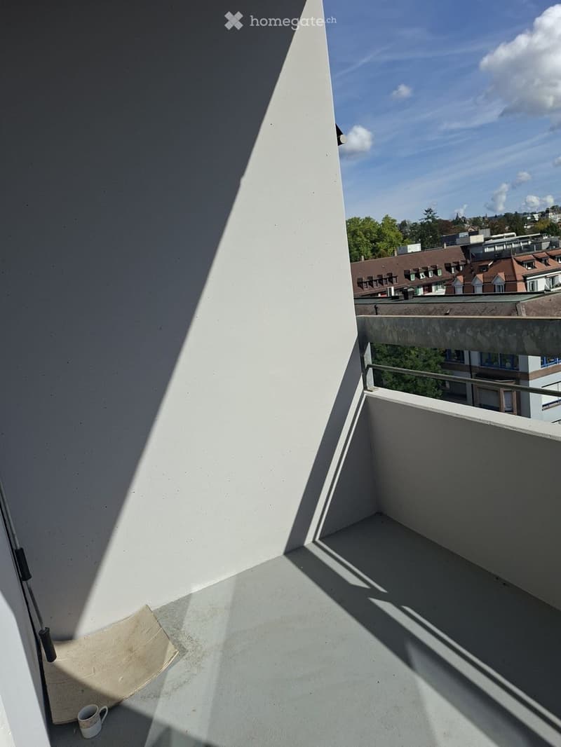 Empty balcony with white walls, metal railing, and a view of the cityscape and rooftops.