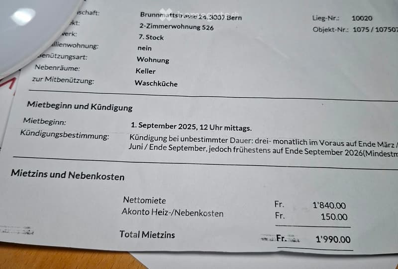 Rental agreement document showing details for a 2-room apartment in Bern, including rent amount, lease start date, and additional costs.