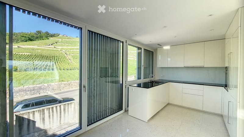 Modern kitchen with white cabinets, black countertop, and large windows offering a scenic vineyard view.