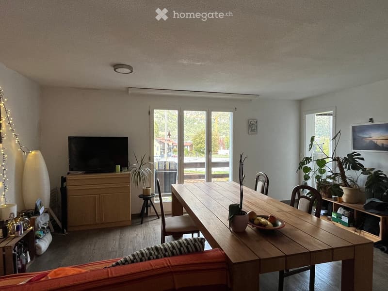 A modern living room with a large wooden dining table, chairs, a sofa, a television on a wooden stand, and several potted plants. The room has large windows and a sliding glass door leading to the outside.