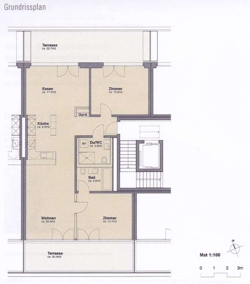 Floor plan showing a layout with living room, dining area, kitchen, two bedrooms, bathroom, and two terraces.