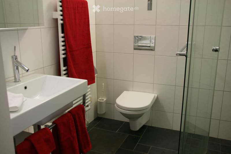 Modern bathroom with white tiles, a white sink with a chrome faucet, a toilet, a glass-enclosed shower, and red towels on a rack.